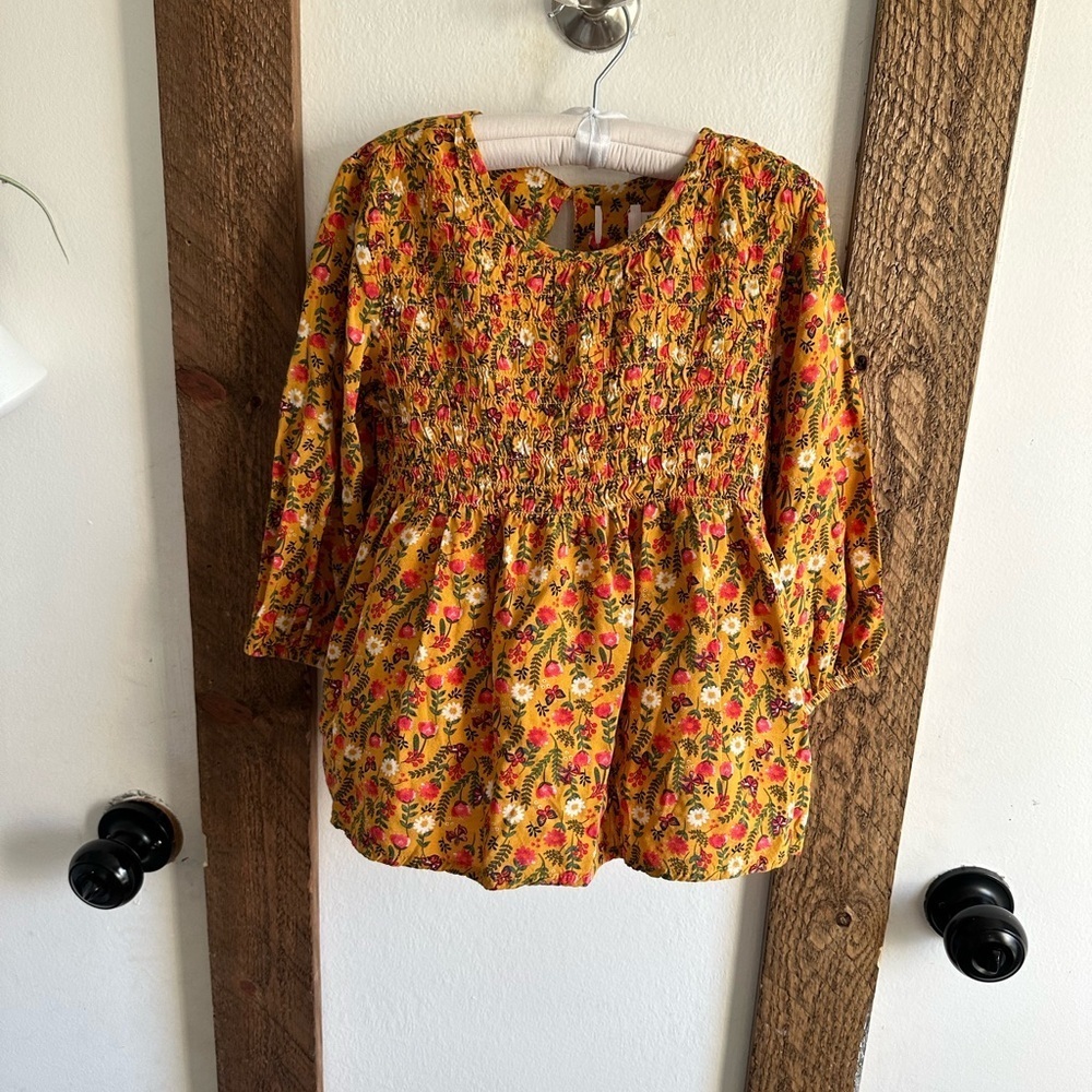 Girls Burnt Yellow Floral Smocked Blouse Bohemian Size M (7/8)